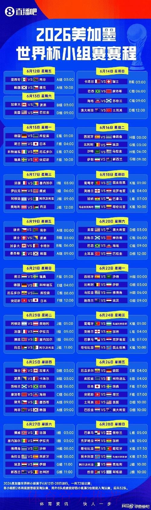 2026世界杯小组赛赛程详细安排完整安排怎么查